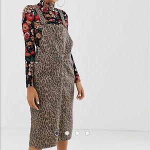 Leopard Print Overall Denim Midi Dress